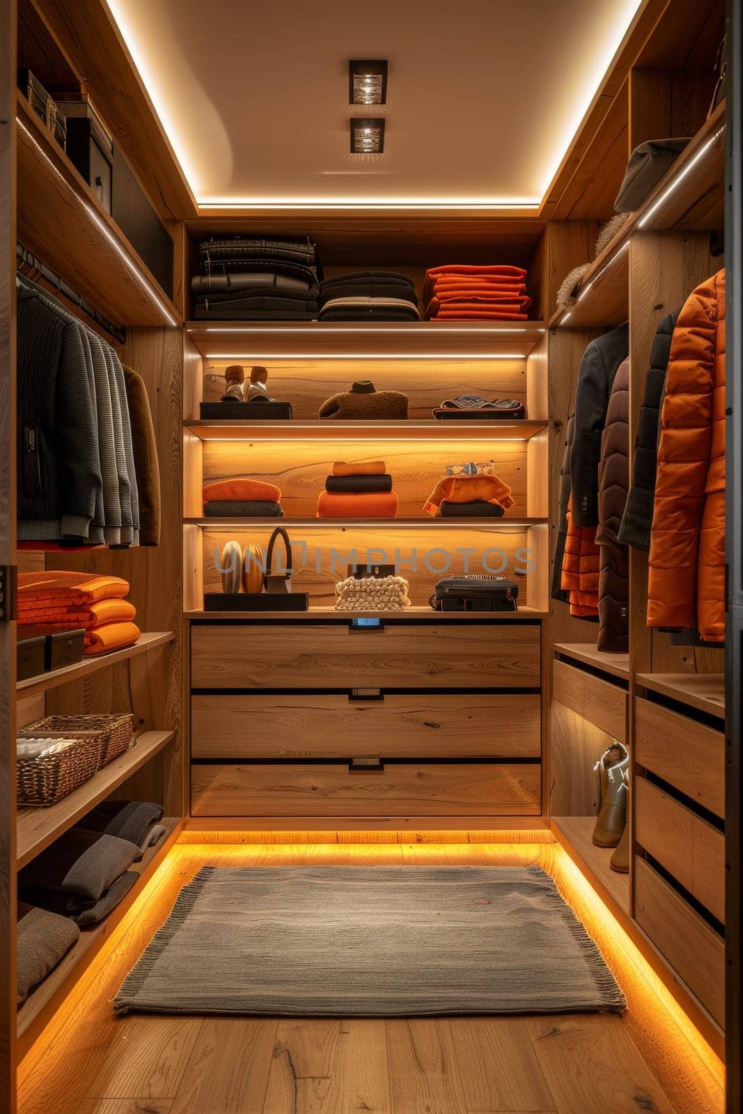 A small, dimly lit walk-in closet with a rug on the floor. The closet is filled with clothes and accessories, including a handbag and a bottle. The lighting creates a cozy and intimate atmosphere