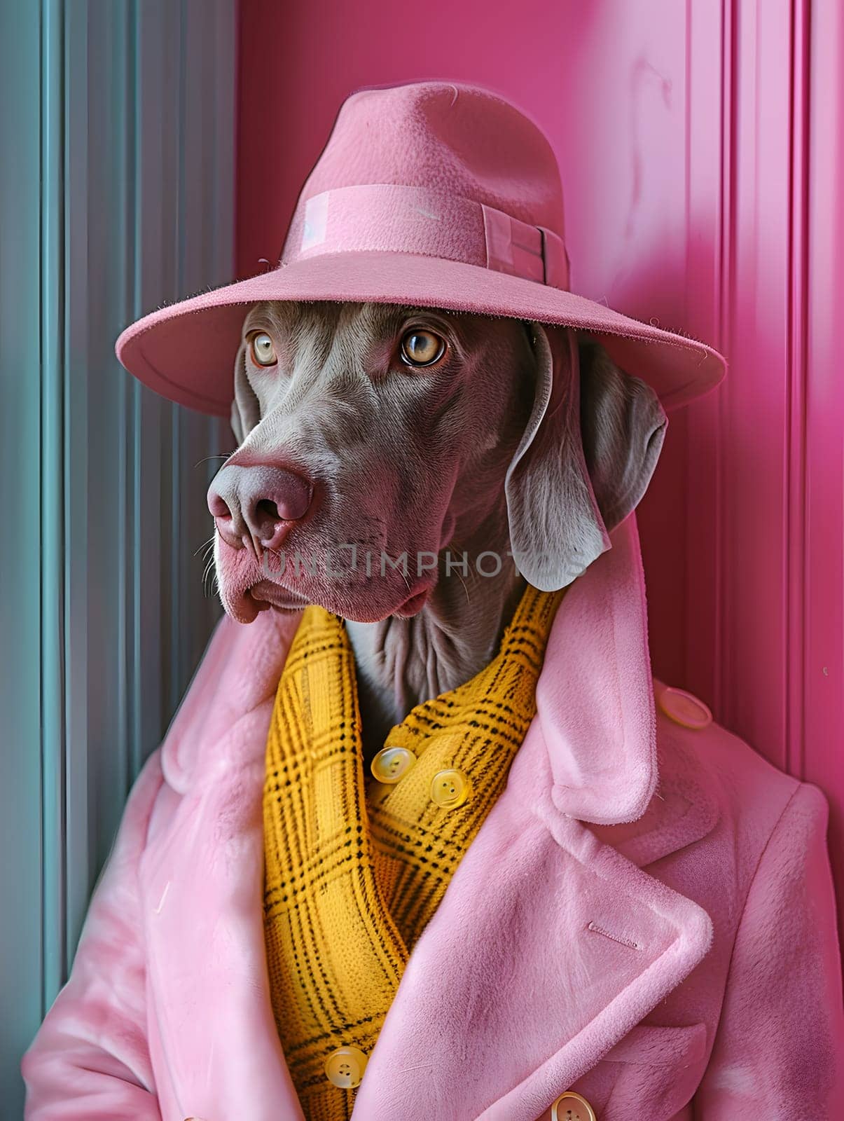 A carnivorous dog breed wearing a pink sun hat and coat, with floppy ears and a friendly snout. Known as a loyal companion dog and a hardworking animal