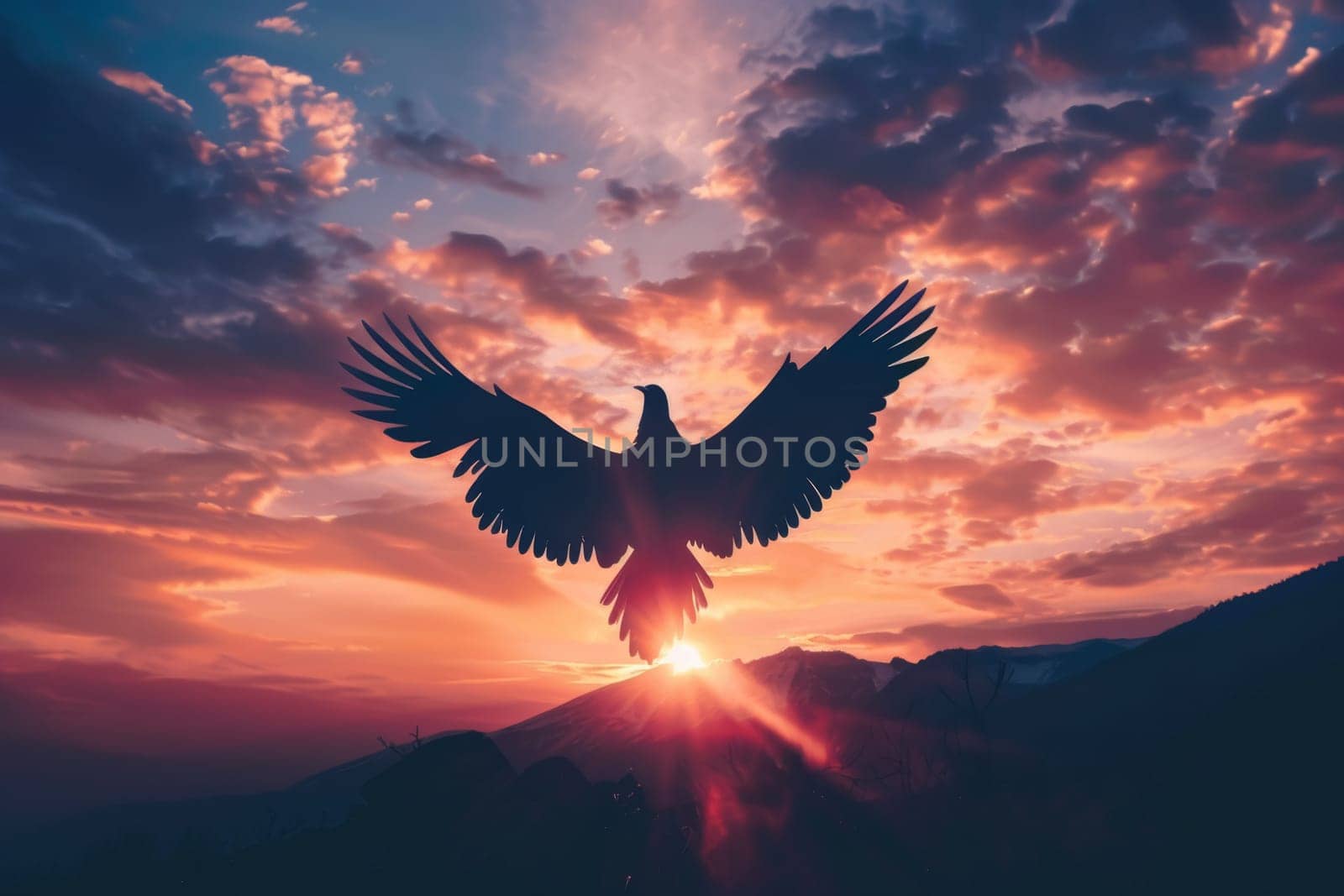 The silhouette of a majestic bird soars upward with open wings against the backdrop of a breathtaking dawn sky, evoking a sense of rebirth.