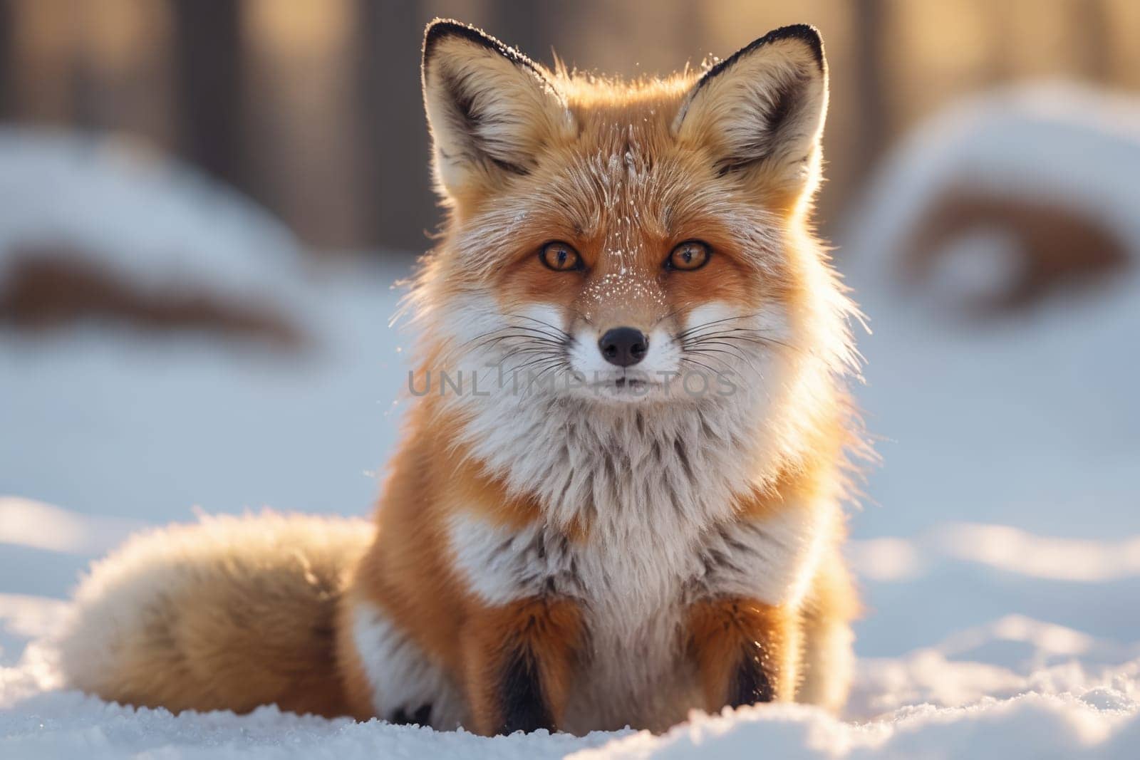 Amid a snowy backdrop, the vibrant fur of a red fox blends seamlessly in its wintry habitat.