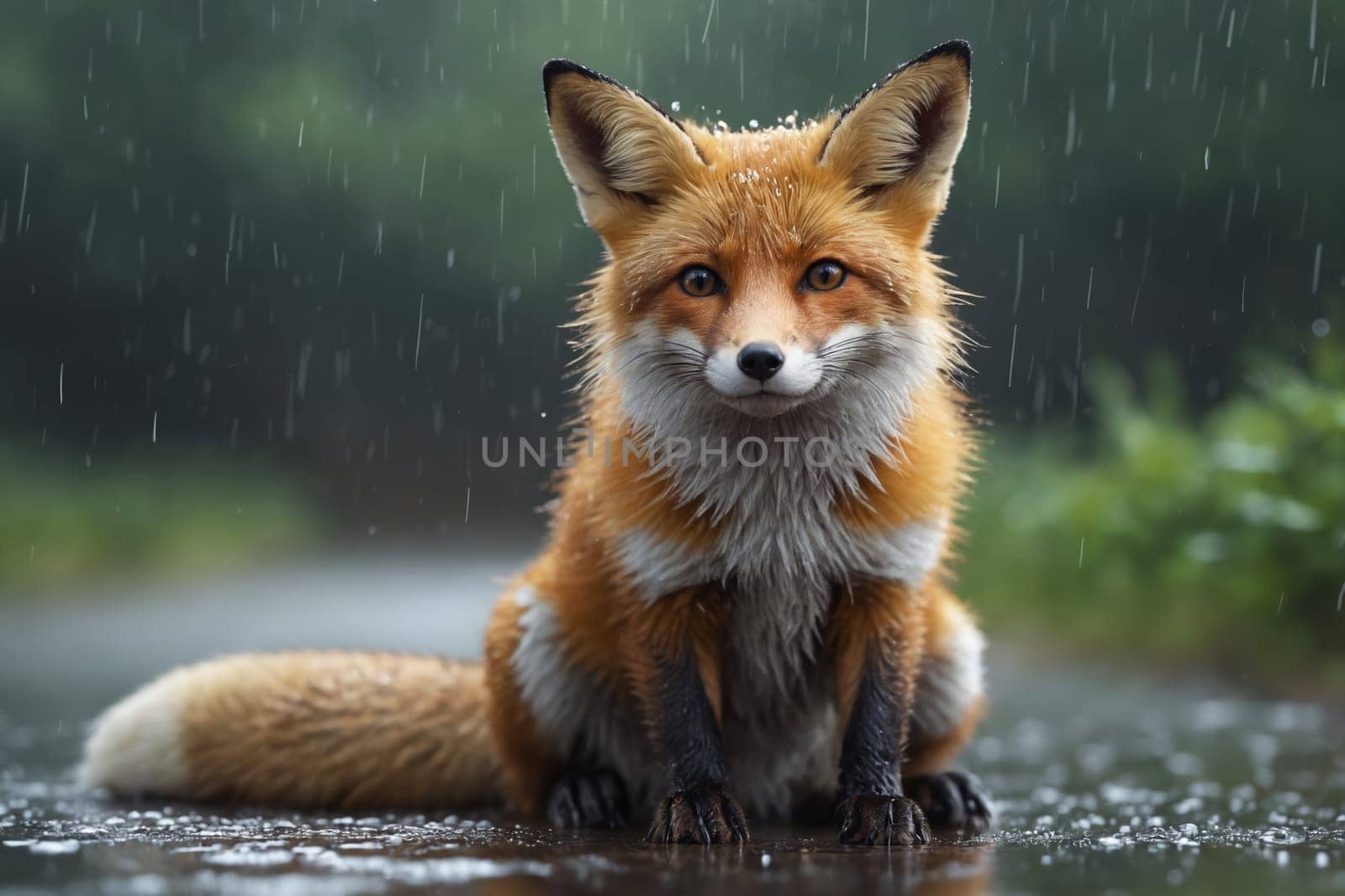 A red fox finds solace in the rain, its wet fur revealing a spectrum of earthy hues.