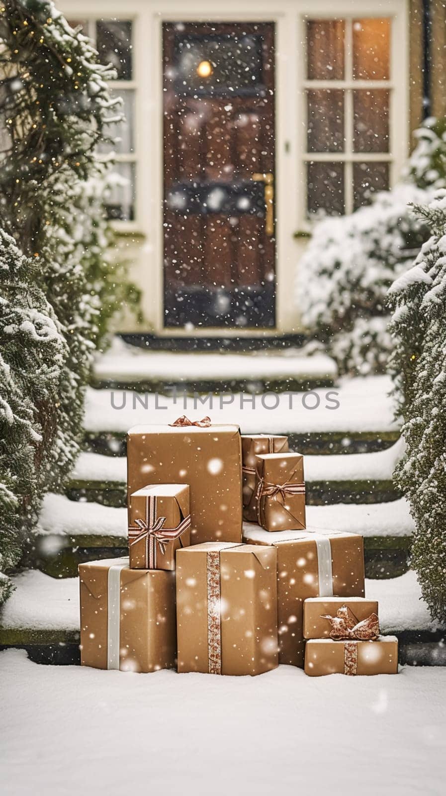 Christmas gifts delivery, postal service and holiday presents online shopping, wrapped parcel boxes on a country house doorstep in a snowing winter, post-processed, generative ai