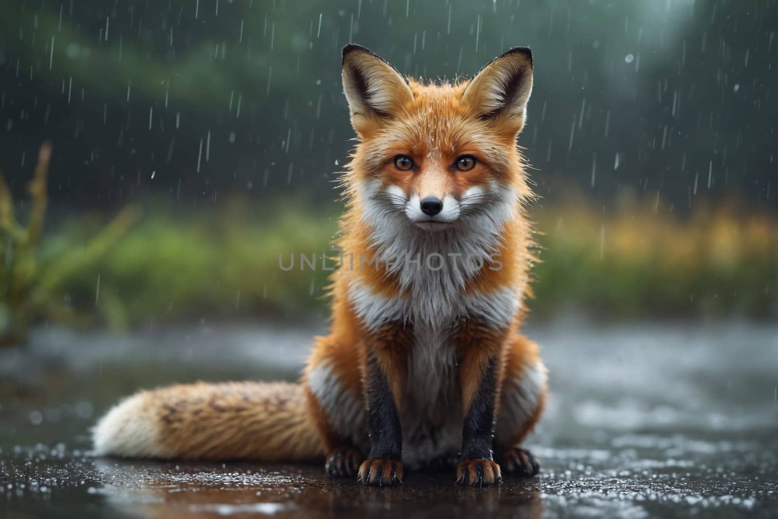 Amid a gentle rainfall, a red fox captures a moment of serene contemplation in the wild.
