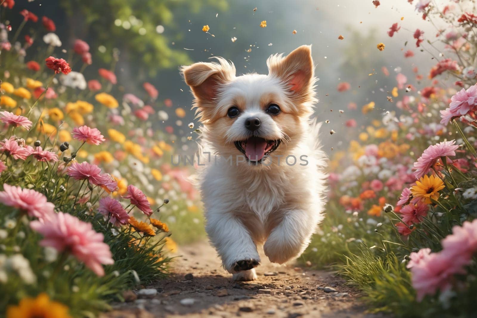 Sprinting into Spring: A Dog's Playful Adventure in Blossoming Garden by Andre1ns