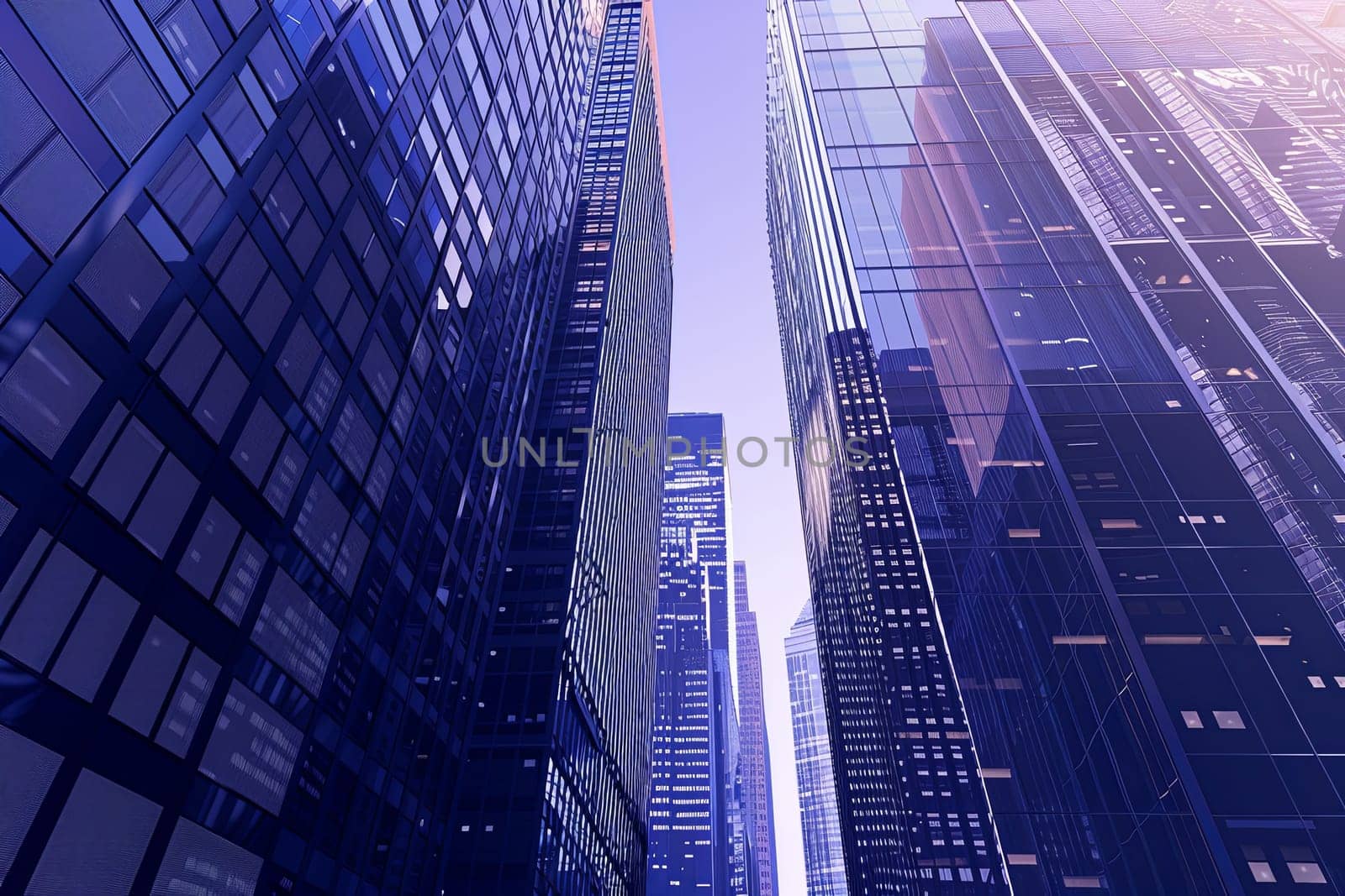 A pair of soaring skyscrapers, side by side in an urban financial center setting. Generative AI by AnatoliiFoto