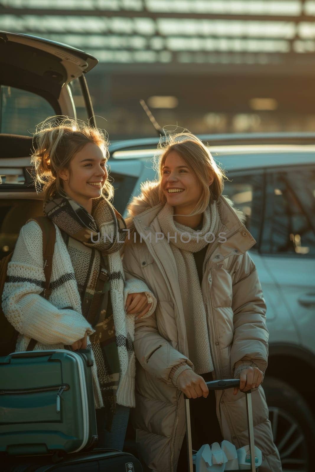 Two women are smiling and holding suitcases while standing in front of a car. They seem to be excited about their trip