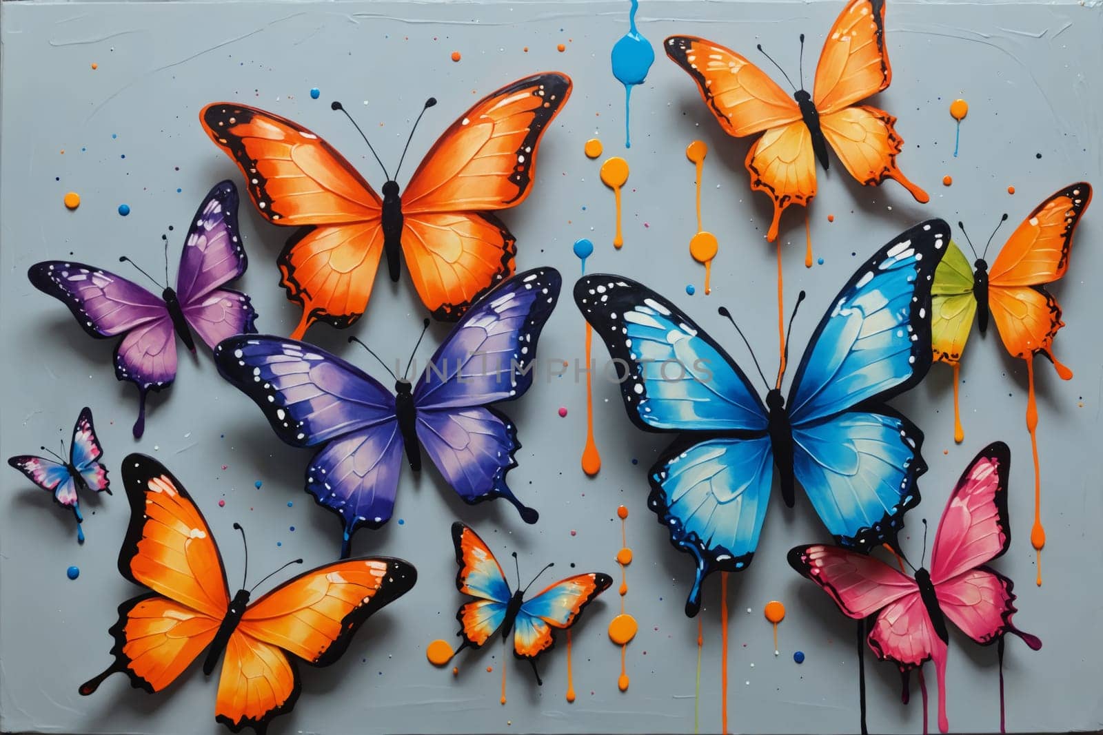 An artistic composition portraying Monarch butterflies dance against a vibrant splash of watercolor. This artwork is great for projects that require a fusion of realism and abstraction in a bright and lively setting.