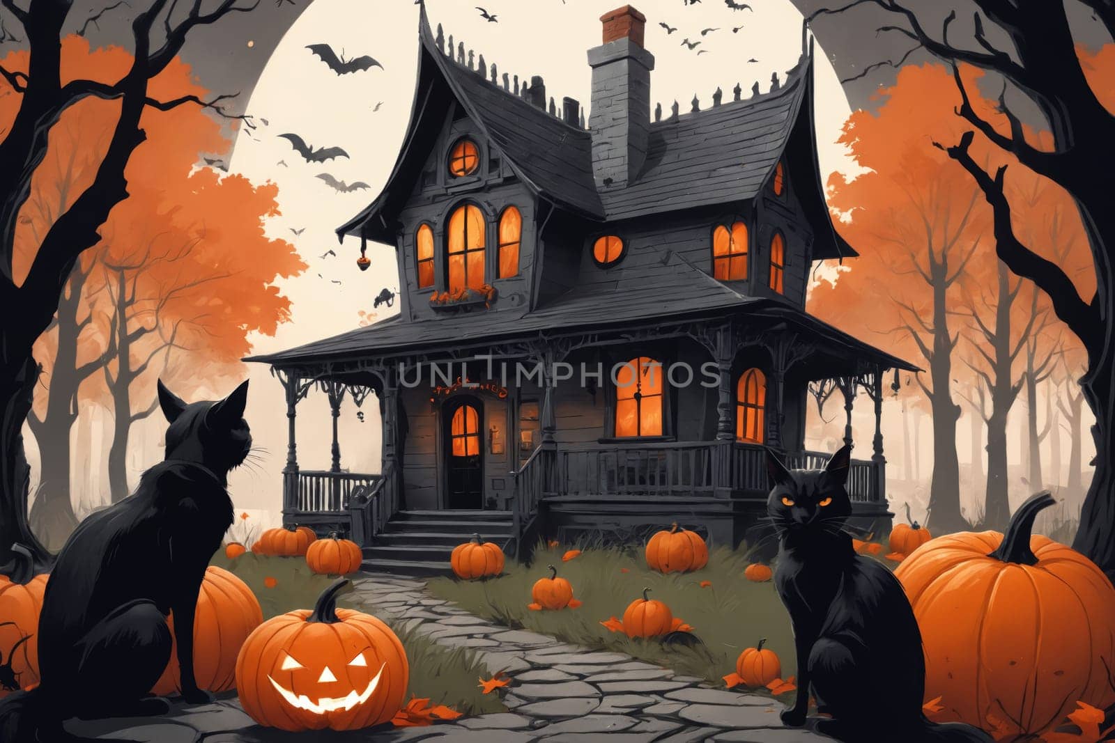 An enchanting Halloween-themed image showcasing a house adorned with festive decorations. The black cat in the foreground adds a classic spooky touch.