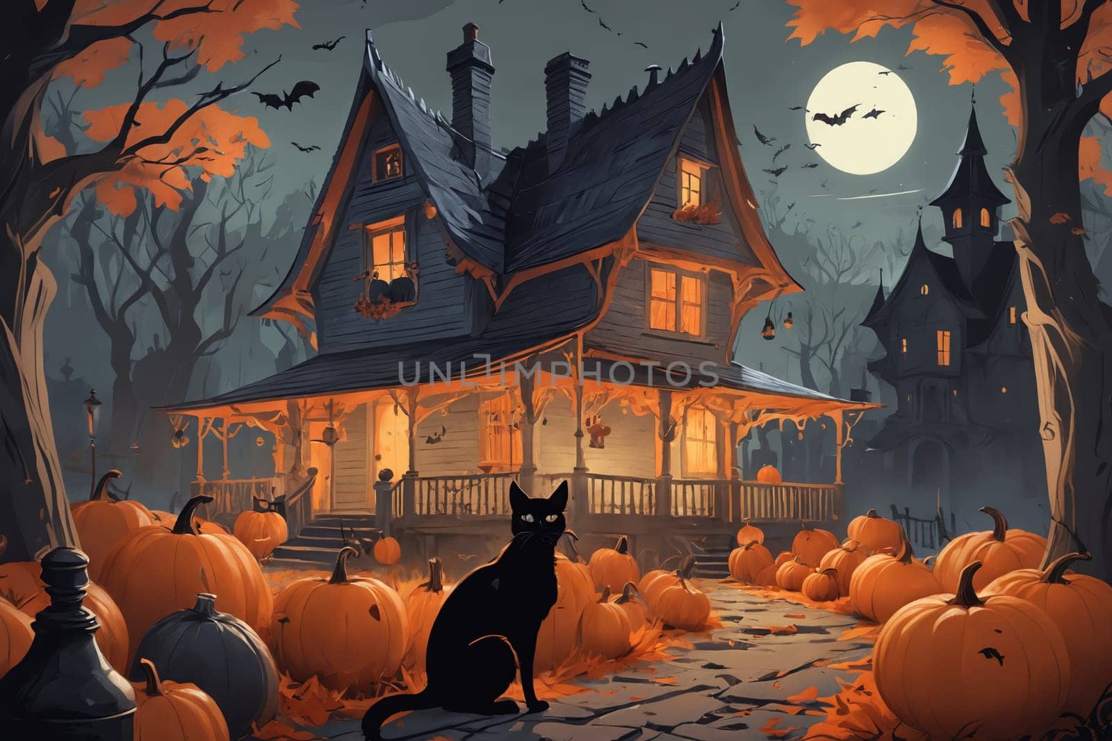 'The Bewitching Night: A Black Cat on a Halloween Decorated Porch'. by Andre1ns
