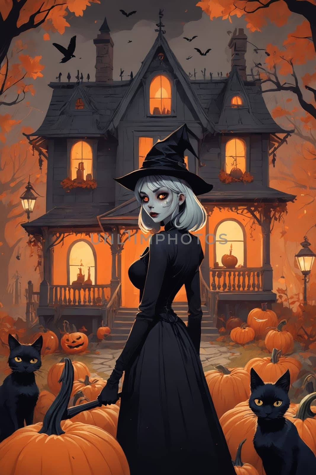 Bewitching Hour: Classic Halloween Scene with Carved Pumpkins and Haunted House by Andre1ns