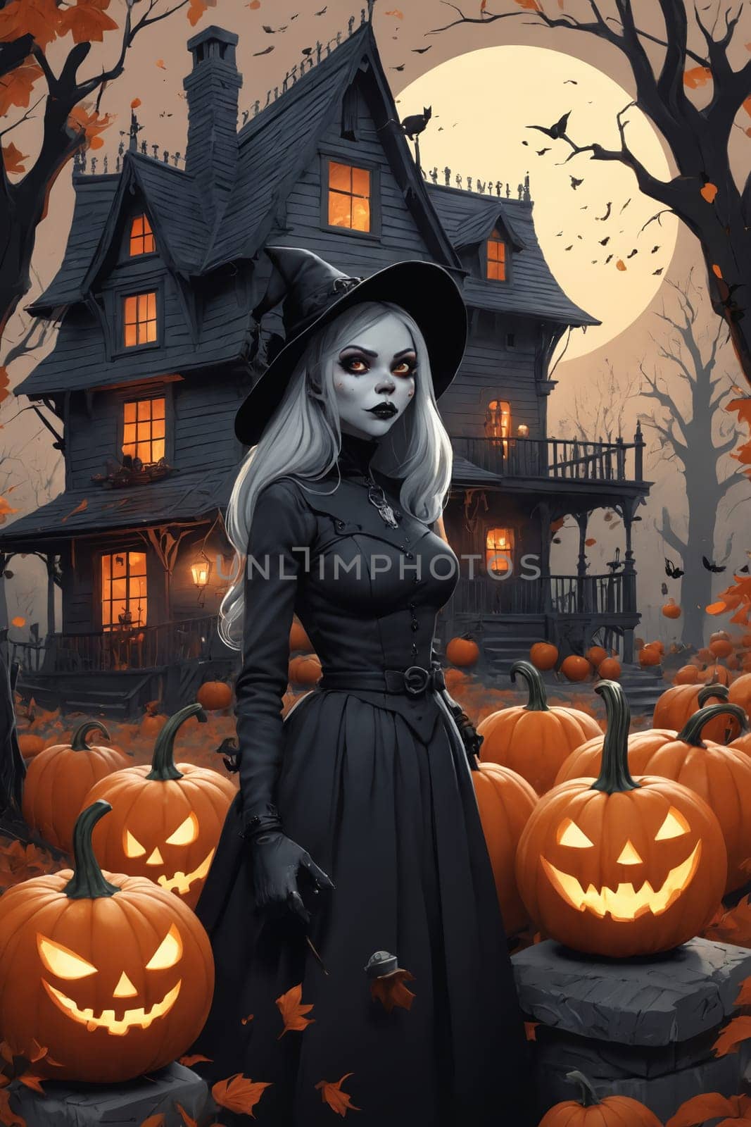 The essence of October: a witch with a broom surrounded by jack-o'-lanterns in front of a spooky, orange-lit haunted house.