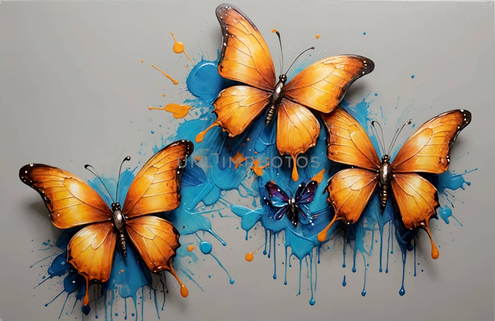 This abstract painting represents the captivating charm of four butterflies amidst a dynamic explosion of colors. An ideal choice for enhancing the vibrancy of any project.