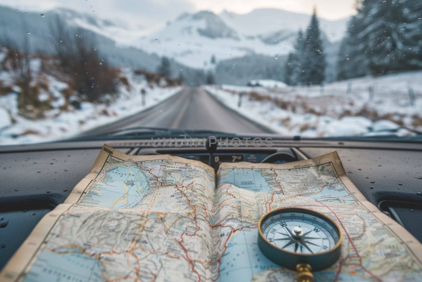 View from inside a vehicle displaying a map and a compass on the dashboard, with a snowy road and mountains ahead, evoking a sense of travel and adventure