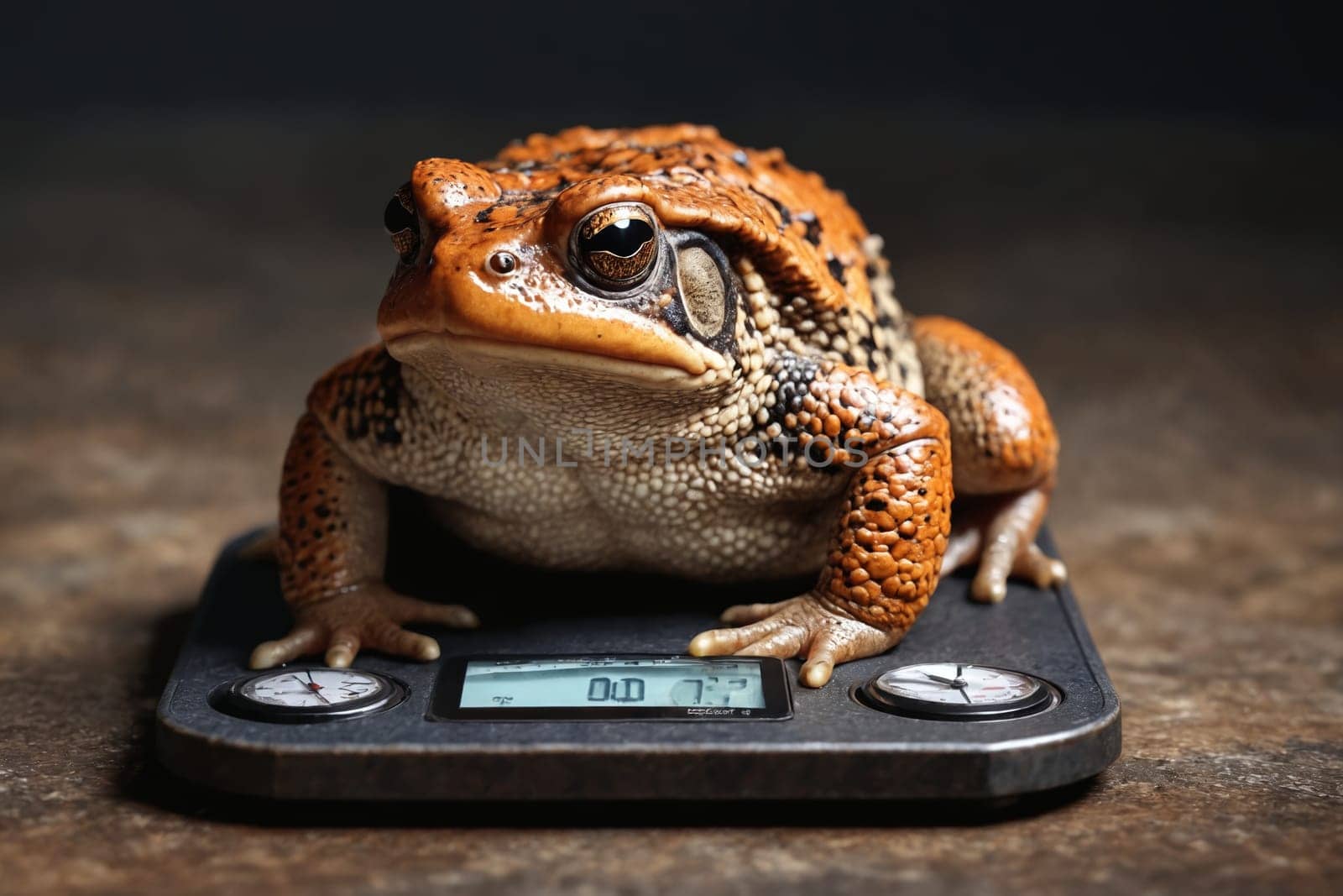 This playful moment captures a green frog's unexpected visit to a metallic weighing scale.