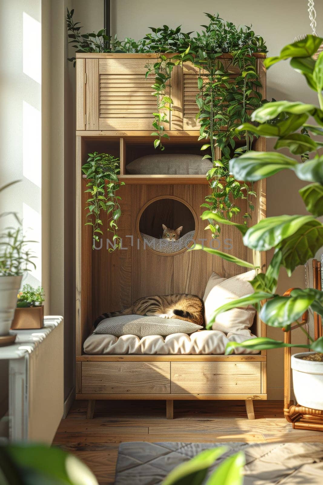 A cat is sleeping in a wooden cat bed with a plant in the background.