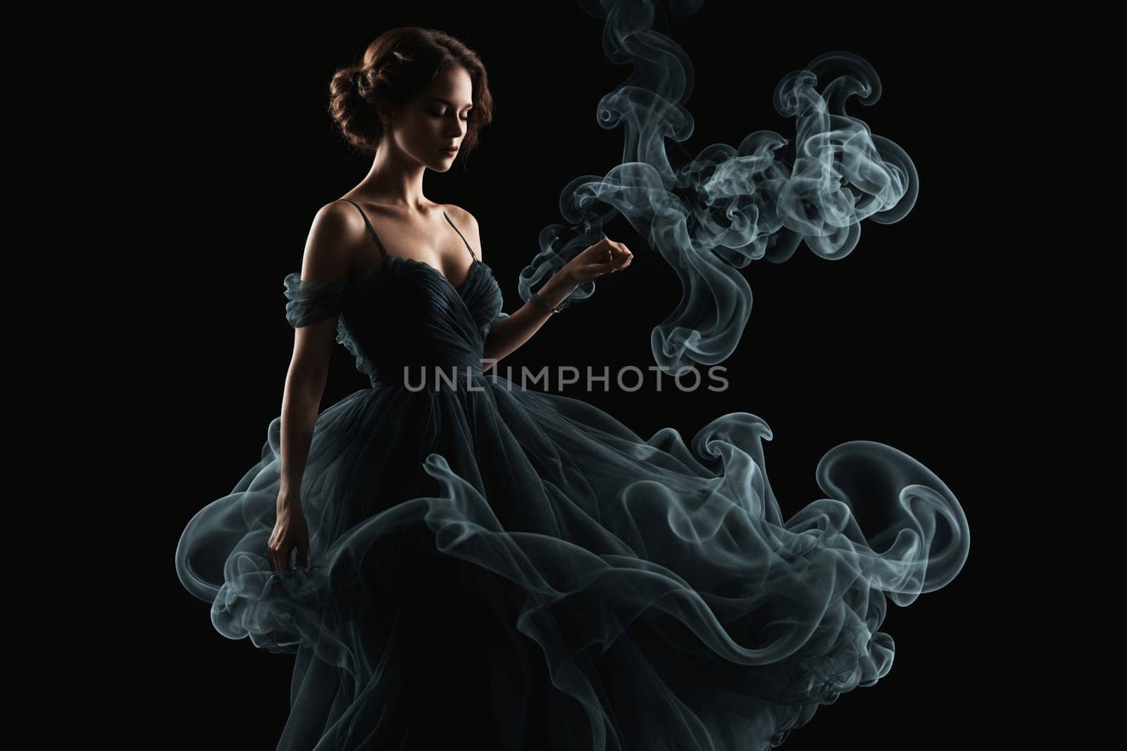 Embody the mystical in this beautiful image, capturing a poised figure enveloped in a dance of smoke and teal silk.