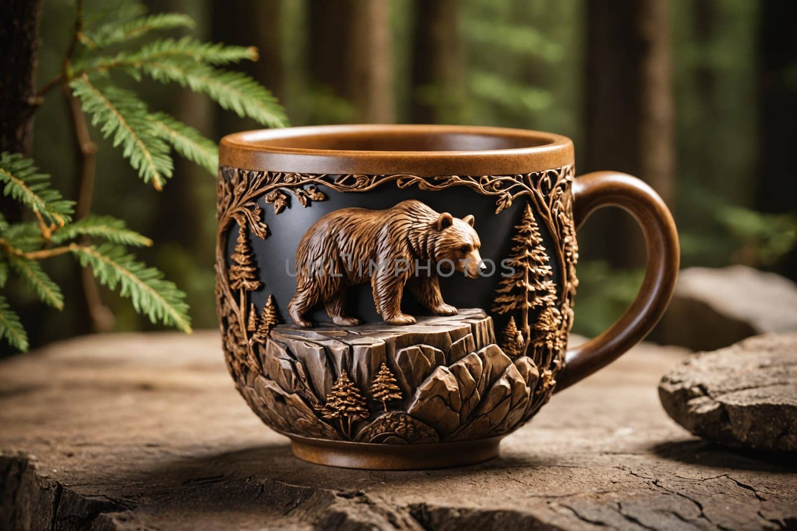 Embrace the wild with this ceramic mug, featuring a 3D bear and detailed mountain landscape.