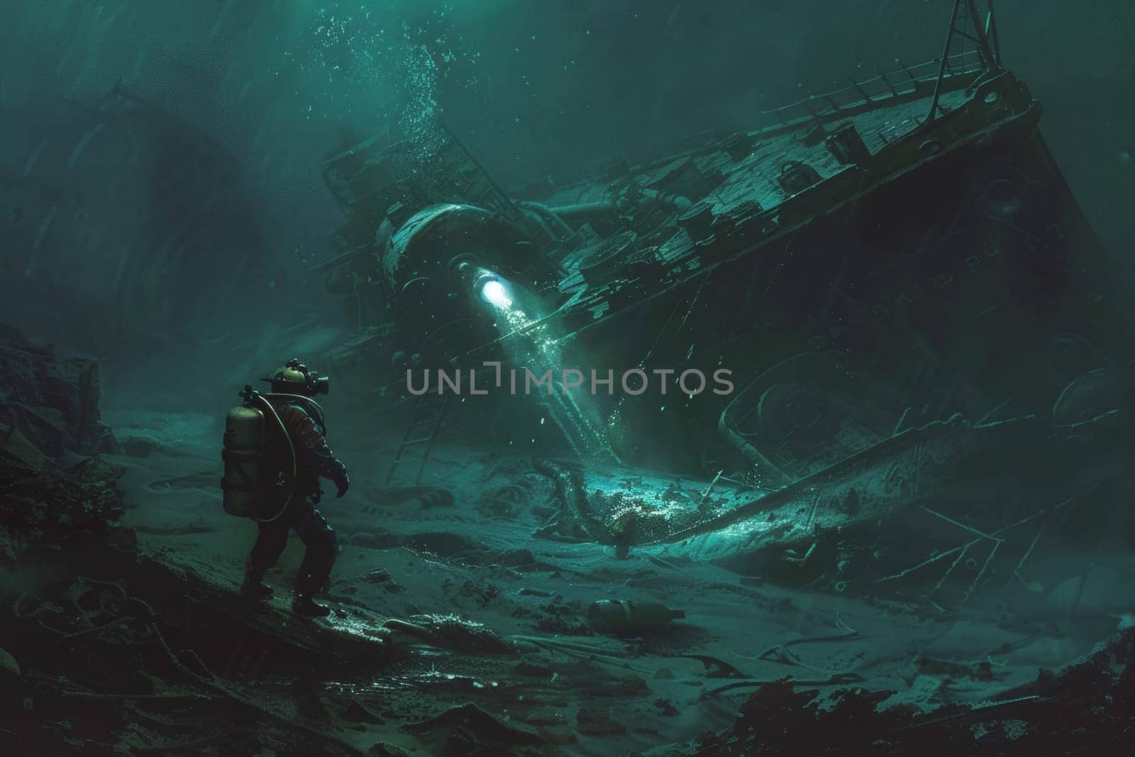 A diver with a flashlight explores the haunting depths of the ocean, casting light on the eerie remains of a sunken shipwreck