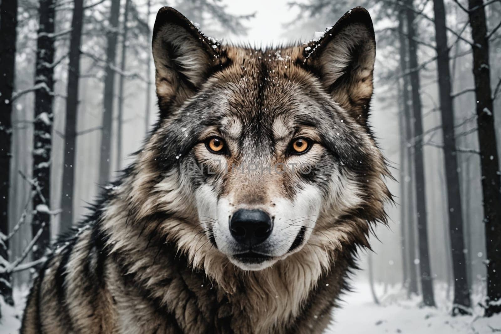 In the quiet of the snow-covered woods, a lone wolf's gaze conveys the essence of winter's beauty.