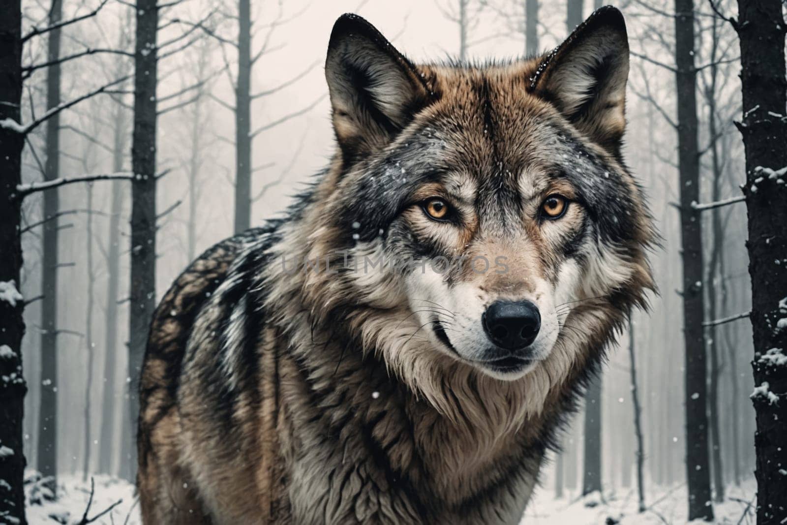 A captivating wolf stands amidst a serene snowfall, its gaze piercing the wintry silence.