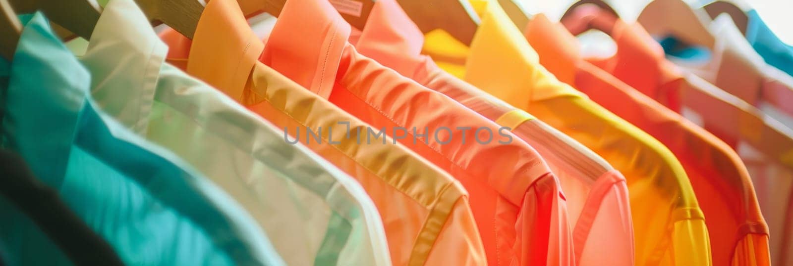 A rack of clothes with a variety of colors and patterns by AI generated image by wichayada