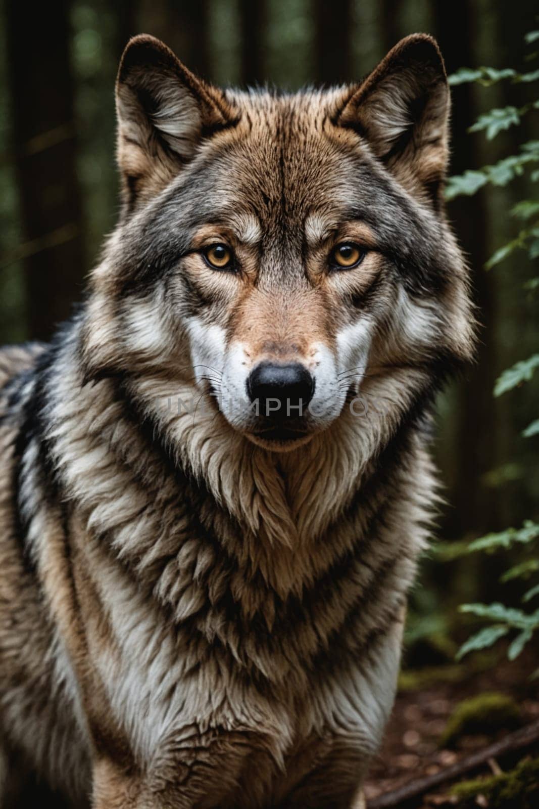 The penetrating gaze of a wolf through the camera lens highlights the essence of wilderness and predation.