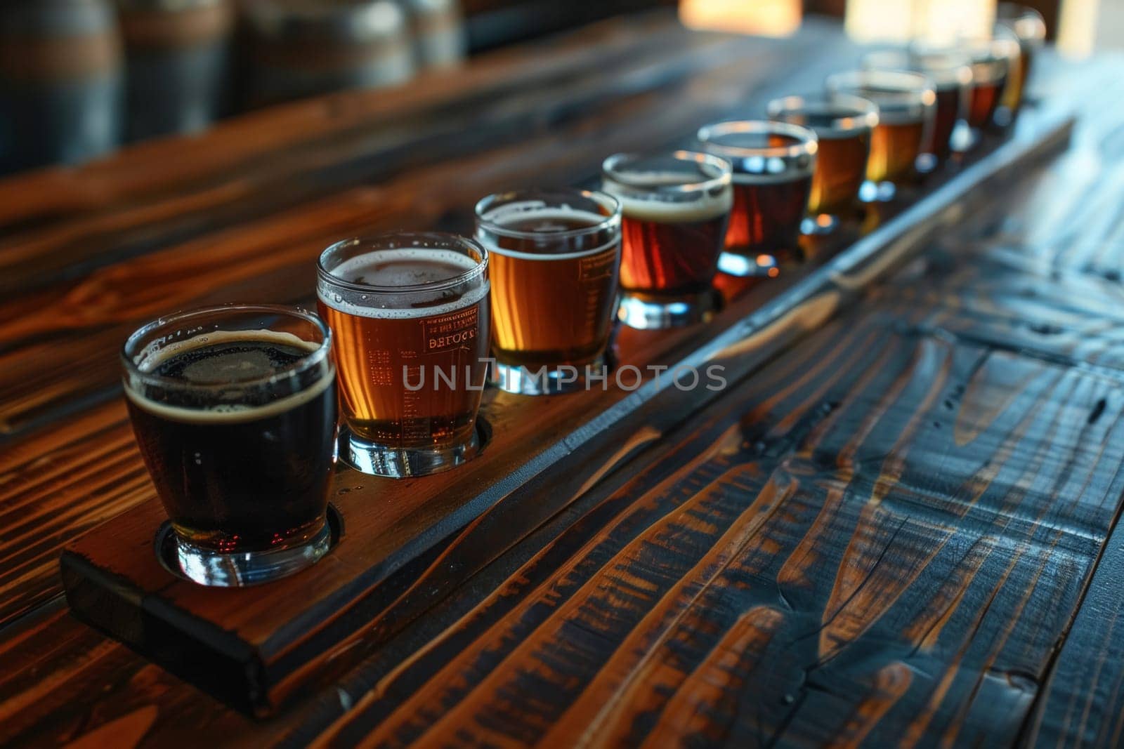 An array of craft beers presented in a tasting flight, showcasing a gradient of colors from pale gold to deep amber on a rustic wooden bar top