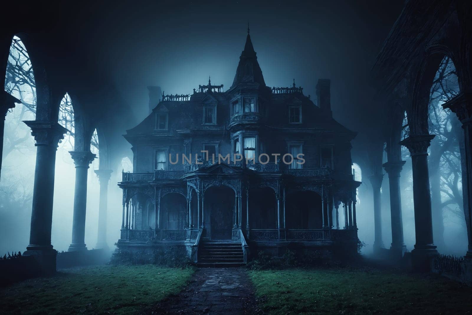 The eerie ambiance of a seemingly abandoned mansion, shrouded in fog, adds a haunting beauty to the scene. A single illuminated window hints at untold stories of its past.