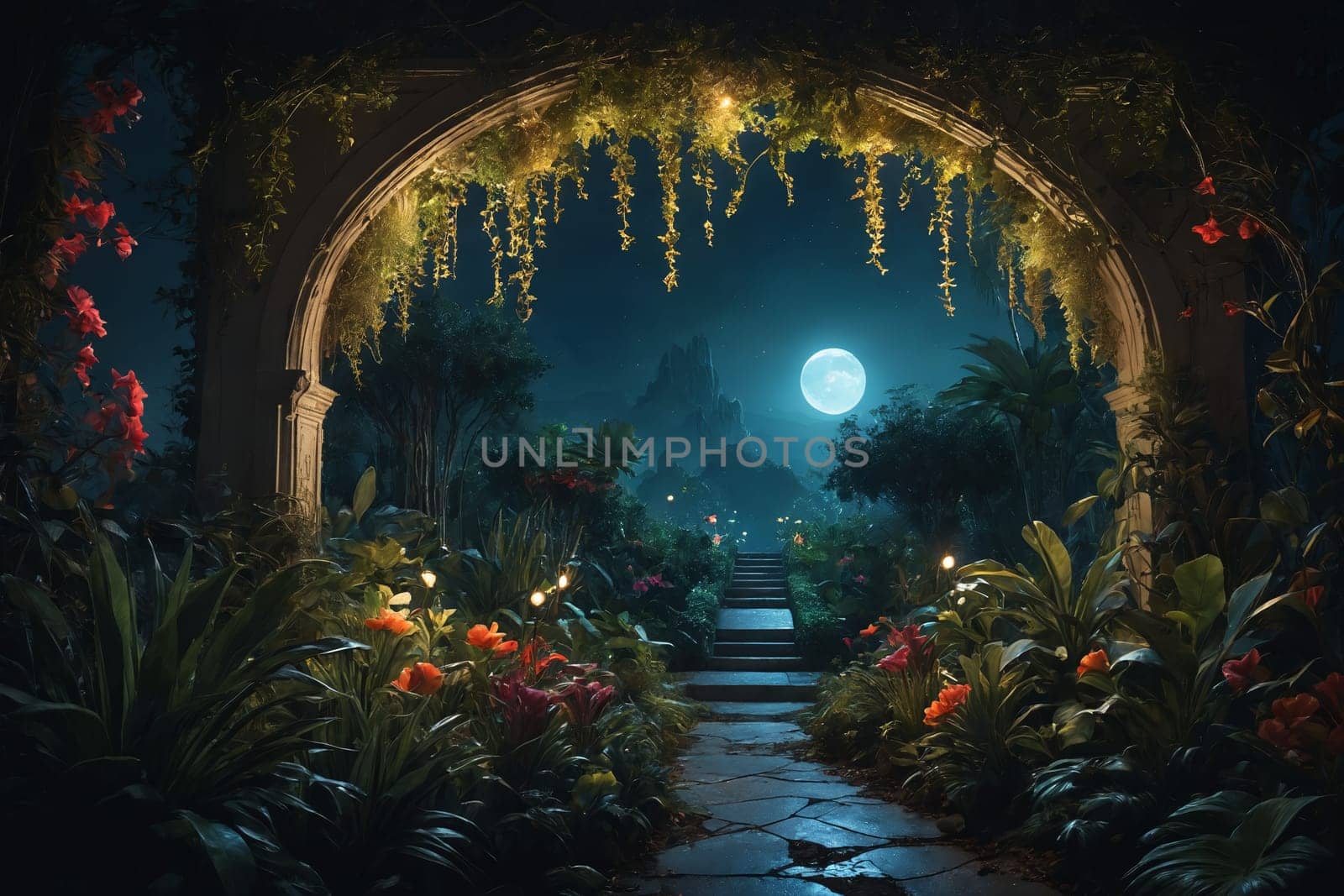 This picturesque image shows a lush tropical forest under a glowing moon, where variety of flora is highlighted. A stone path, lighted by small lamps, guides through the greenery.