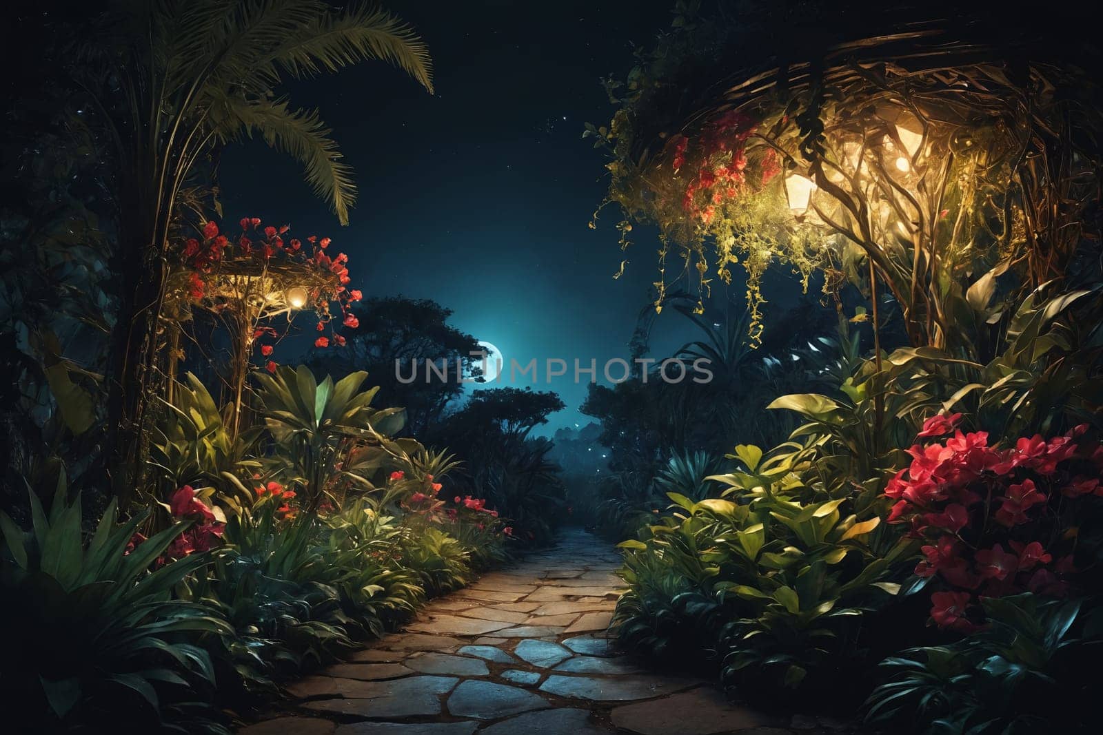 The image offers a stunning view of a tropical garden at night, marked by a stone path lit by warm lanterns. The moon shines radiantly above, casting ethereal light on the vibrant flowers. A vine-covered archway at the end hints at a magical journey.