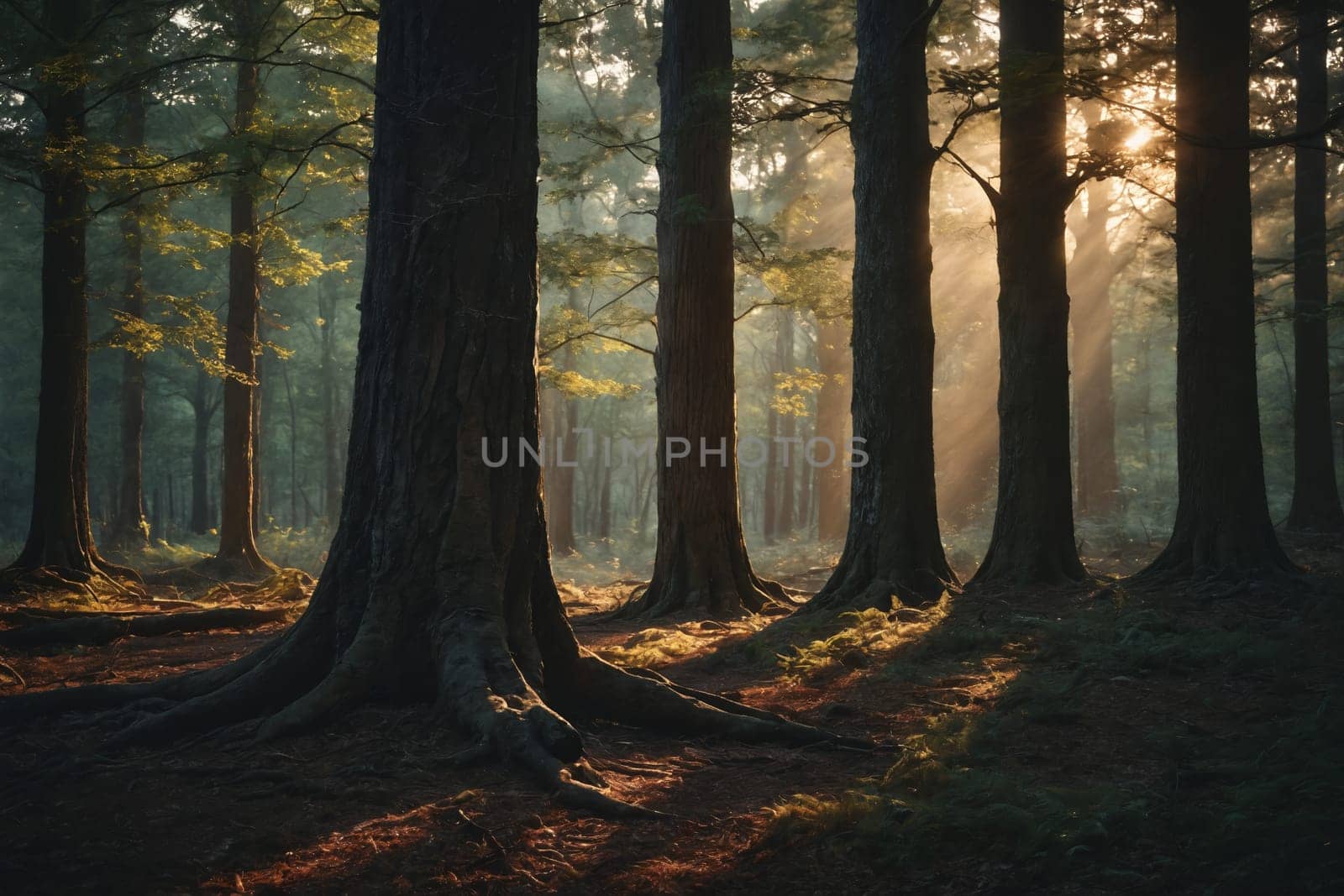 The picture wonderfully captures the essence of a sunlit forest, where light illuminates the tall brown tree trunks and tender green leaves. The ground is a blend of leafy green plants and scattered pine needles, enhancing the natural beauty of the scene.