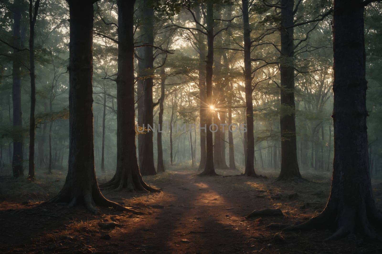 A remarkable forest scene is bathed in sunlight, casting a beautiful glow on the towering brown trees with vibrant leaves. The forest floor, scattered with pine needles and leafy greens, completes the nature's picturesque canvas.