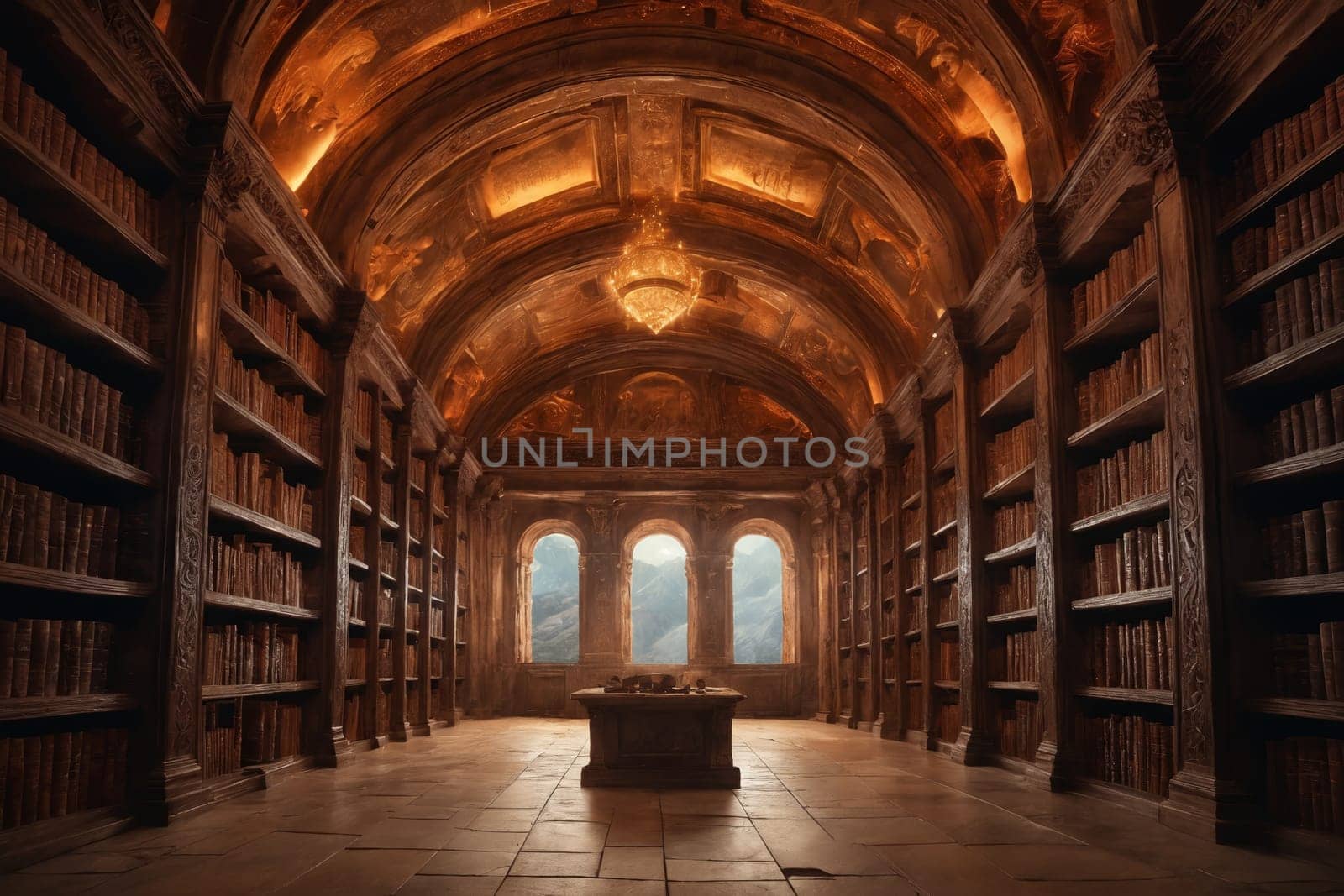 This image takes you to an imposing library space with its tall wooden bookshelves teeming with old books.