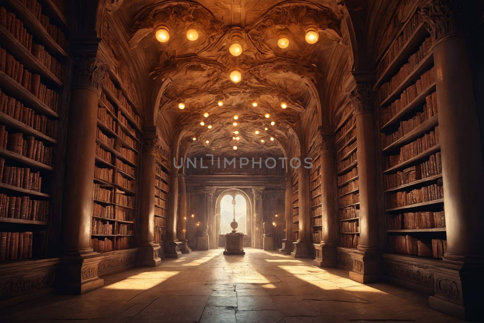 Behold a grand library, richly adorned with wooden bookshelves filled with layers of knowledge.