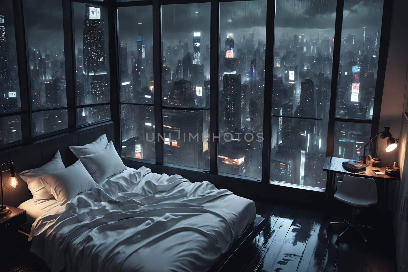 Rainy Night in the City: Serene Bedroom Overlooking an Illuminated Urban Scene by Andre1ns