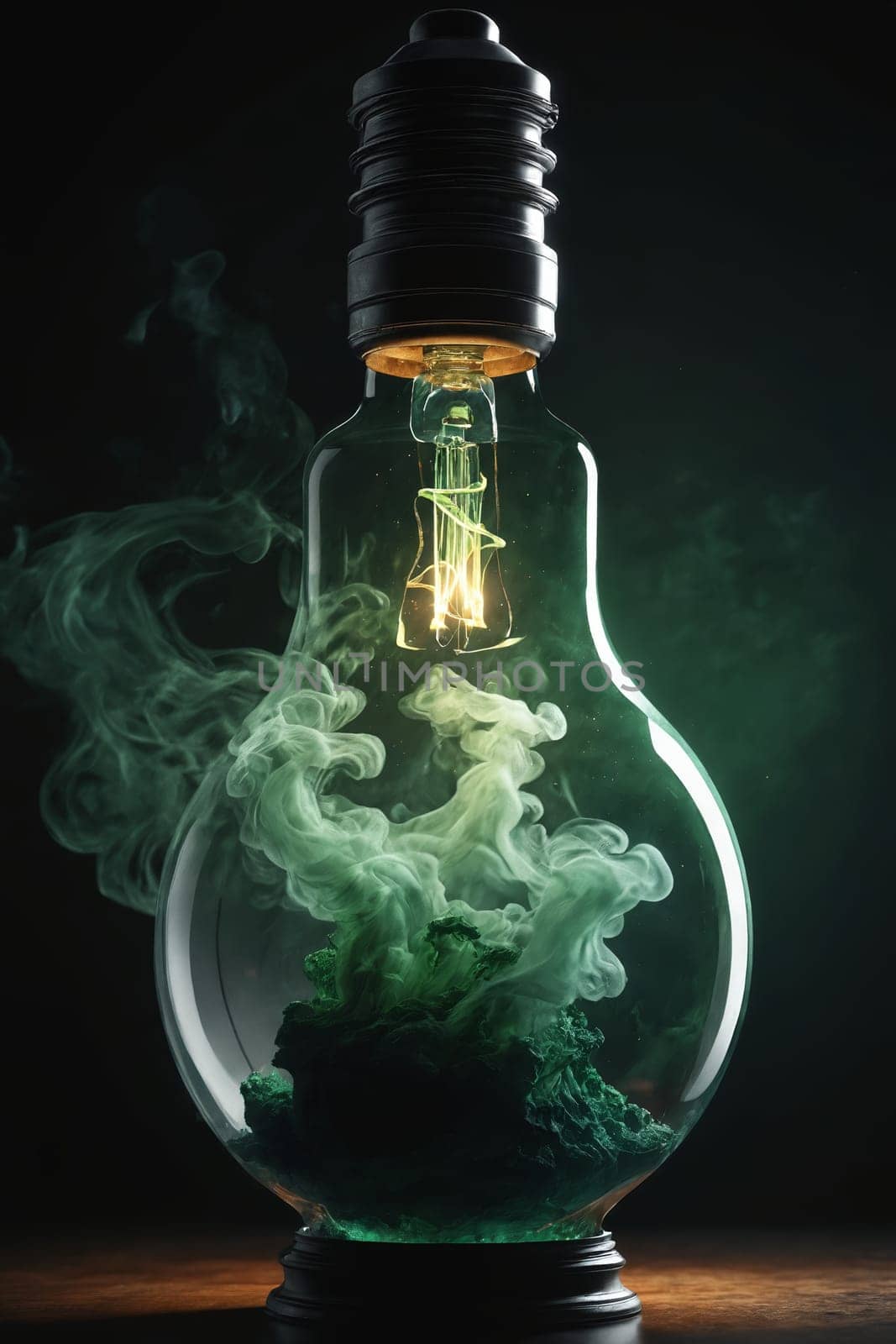 Experience the mystical aura as dense green smoke flows from an illuminated bulb, creating a scene of enchantment.