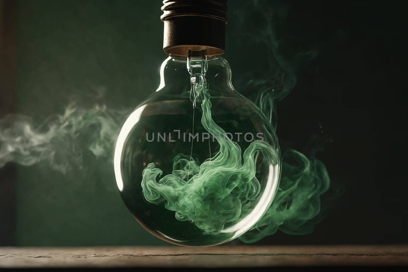 This image captures a floating light bulb with green smoke inside, creating a surreal scene of levitating beauty.