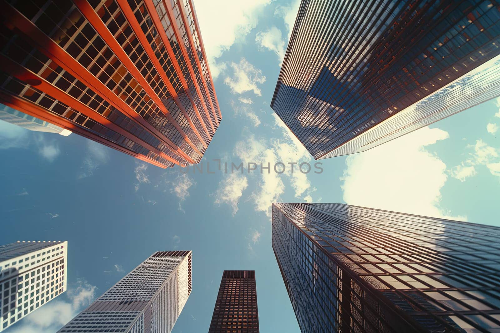A group of tall buildings stand side by side in an urban financial center, showcasing the modern architecture of skyscrapers. Generative AI by AnatoliiFoto