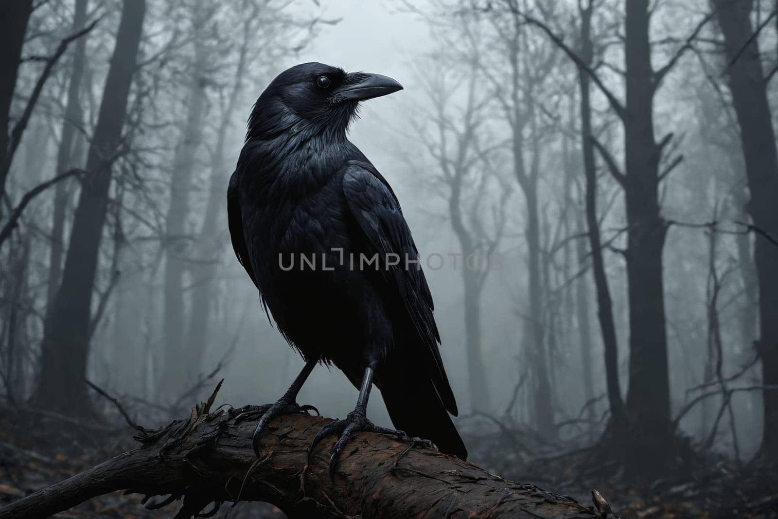 The dark and moody ambiance overwhelms as a spectacular raven becomes the centerpiece, standing on what appears to be lifeless foliage, while a foggy, leafless forest provides a chilling backdrop.