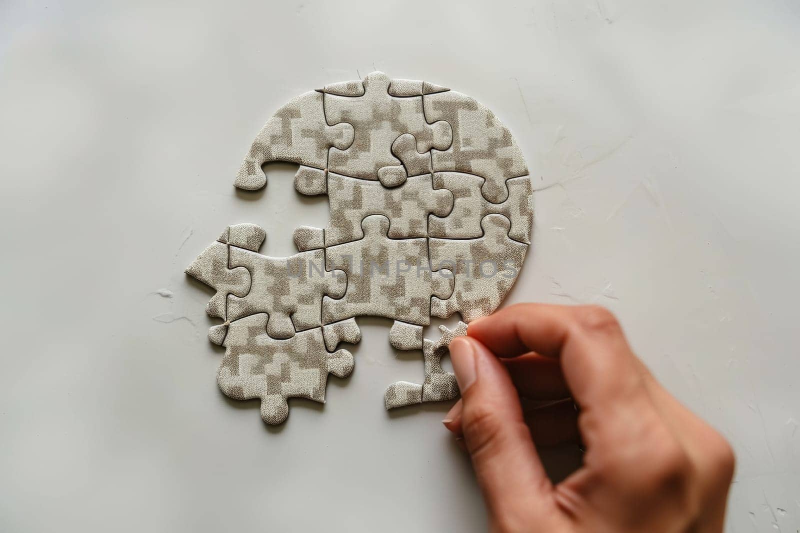 A person's hand fitting a piece into a textured jigsaw puzzle with a houndstooth pattern, symbolizing attention to detail