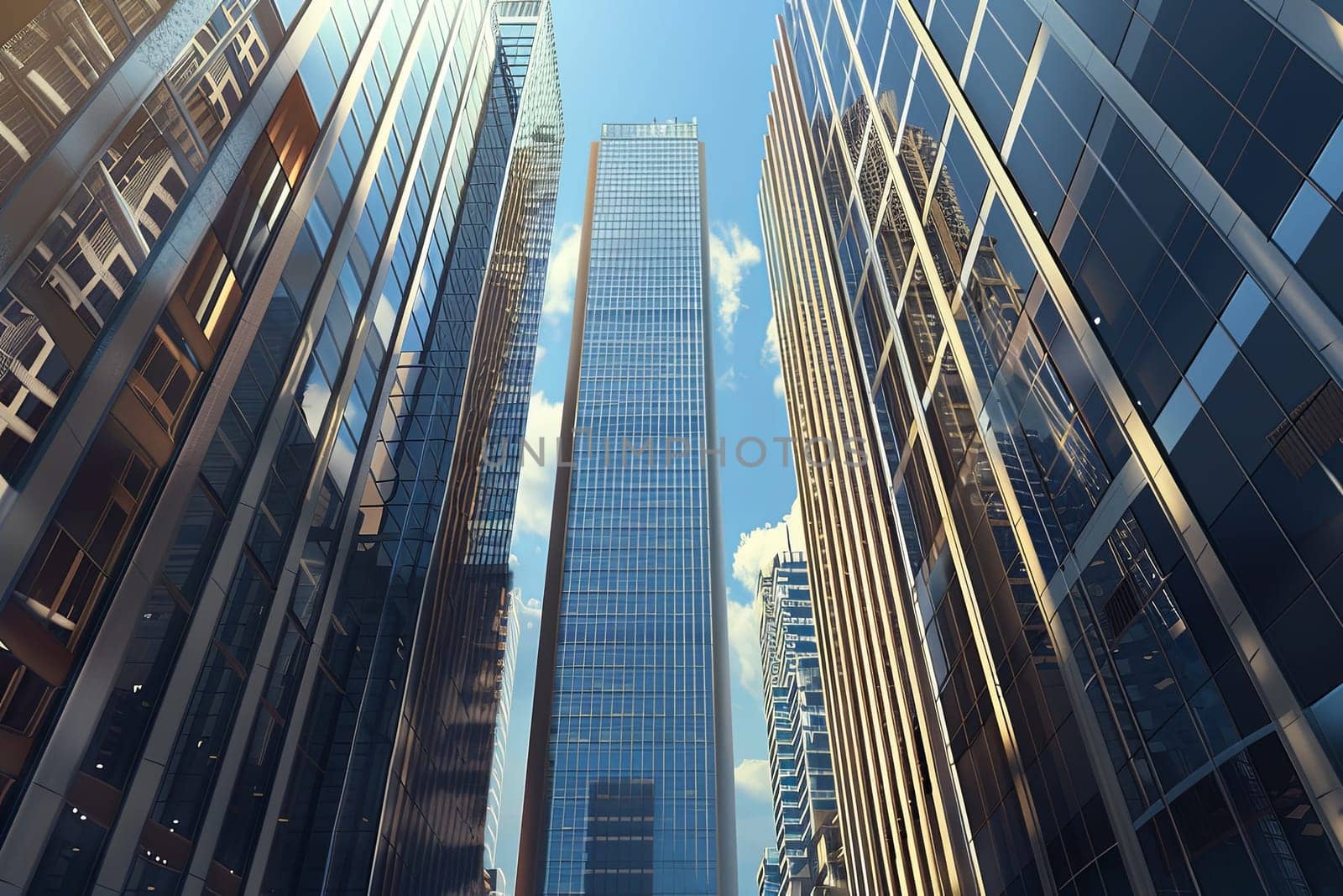 A cluster of towering skyscrapers in a bustling urban financial center, representing modern architecture and city life. Generative AI by AnatoliiFoto