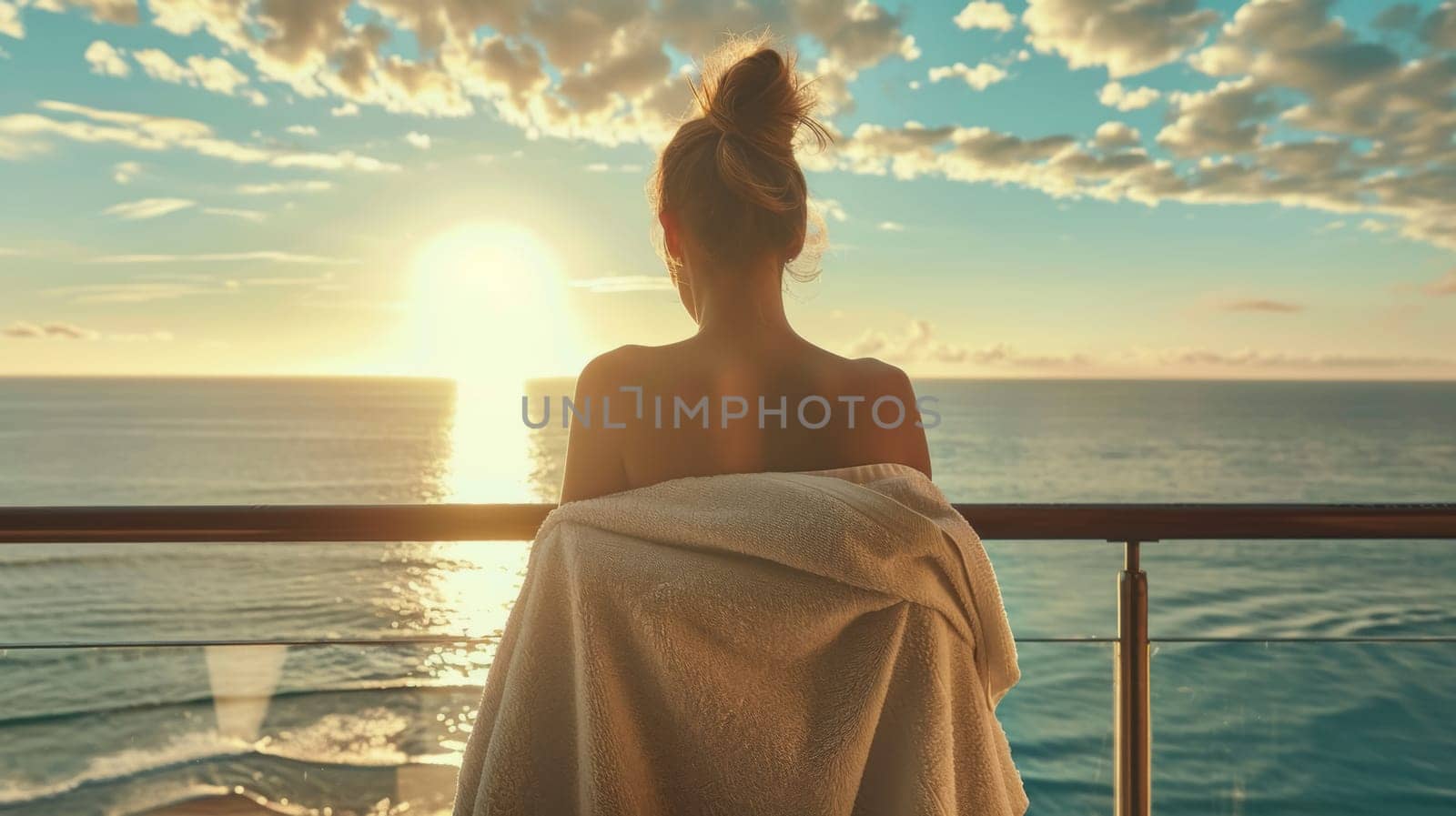 A tranquil scene capturing the back of a person wrapped in a towel, admiring the sunrise over the calm ocean from a balcony.