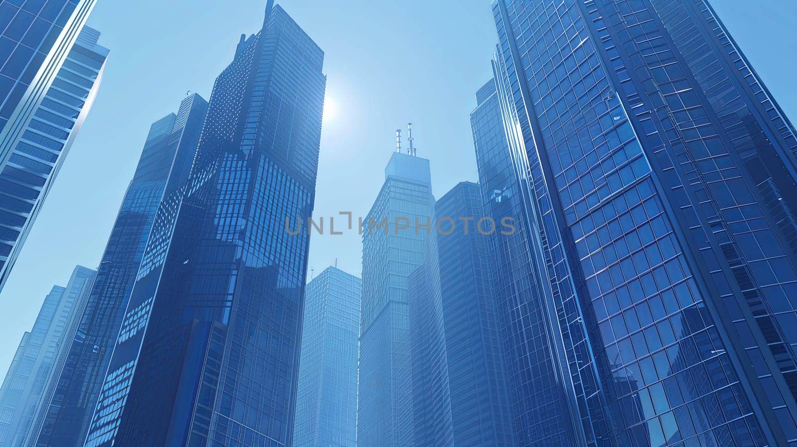 A cluster of towering skyscrapers in a bustling city, showcasing a modern urban financial center with businesses and offices. Generative AI by AnatoliiFoto