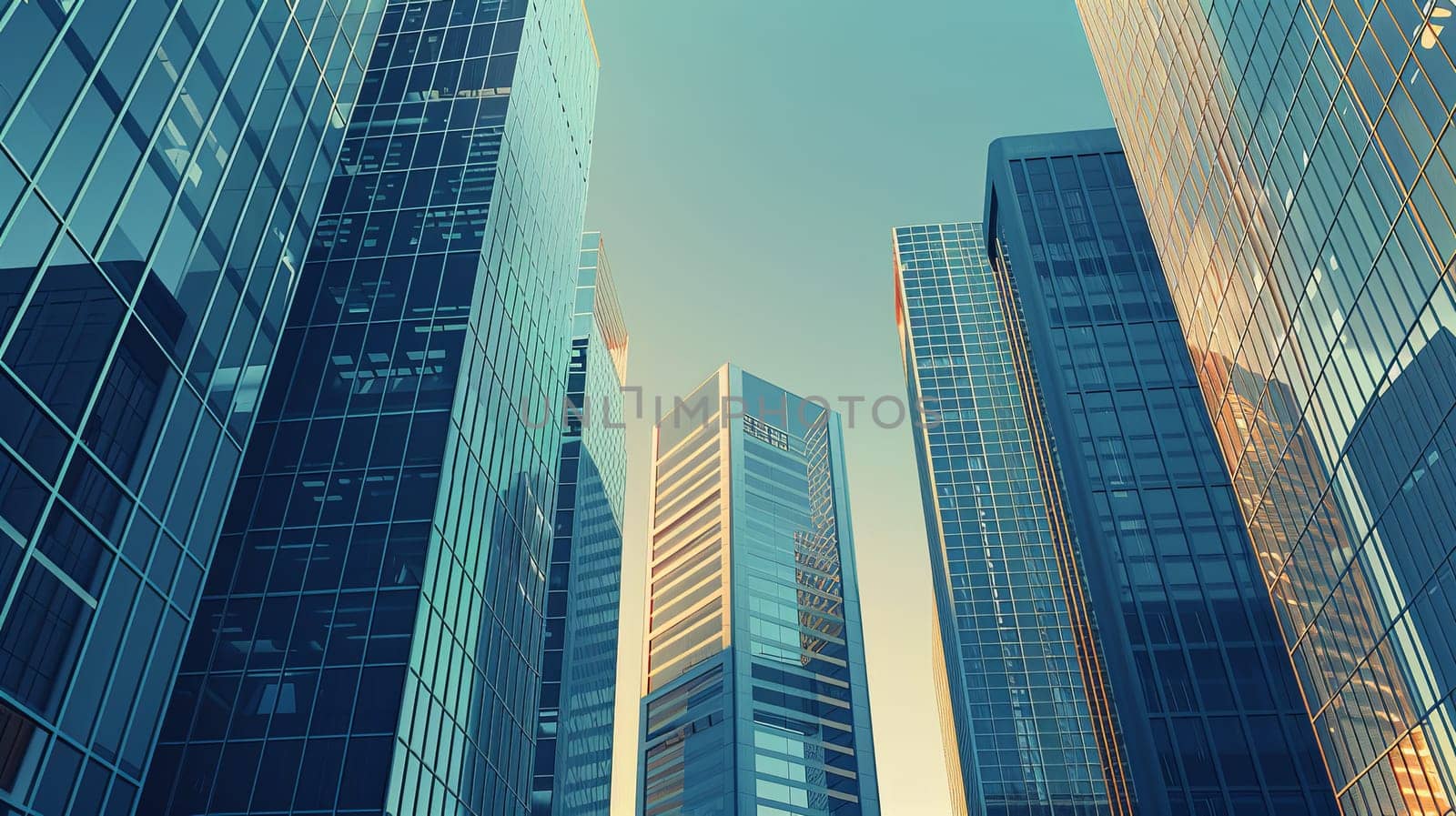 A cluster of tall buildings in an urban financial center, showcasing modern architecture and bustling city life.