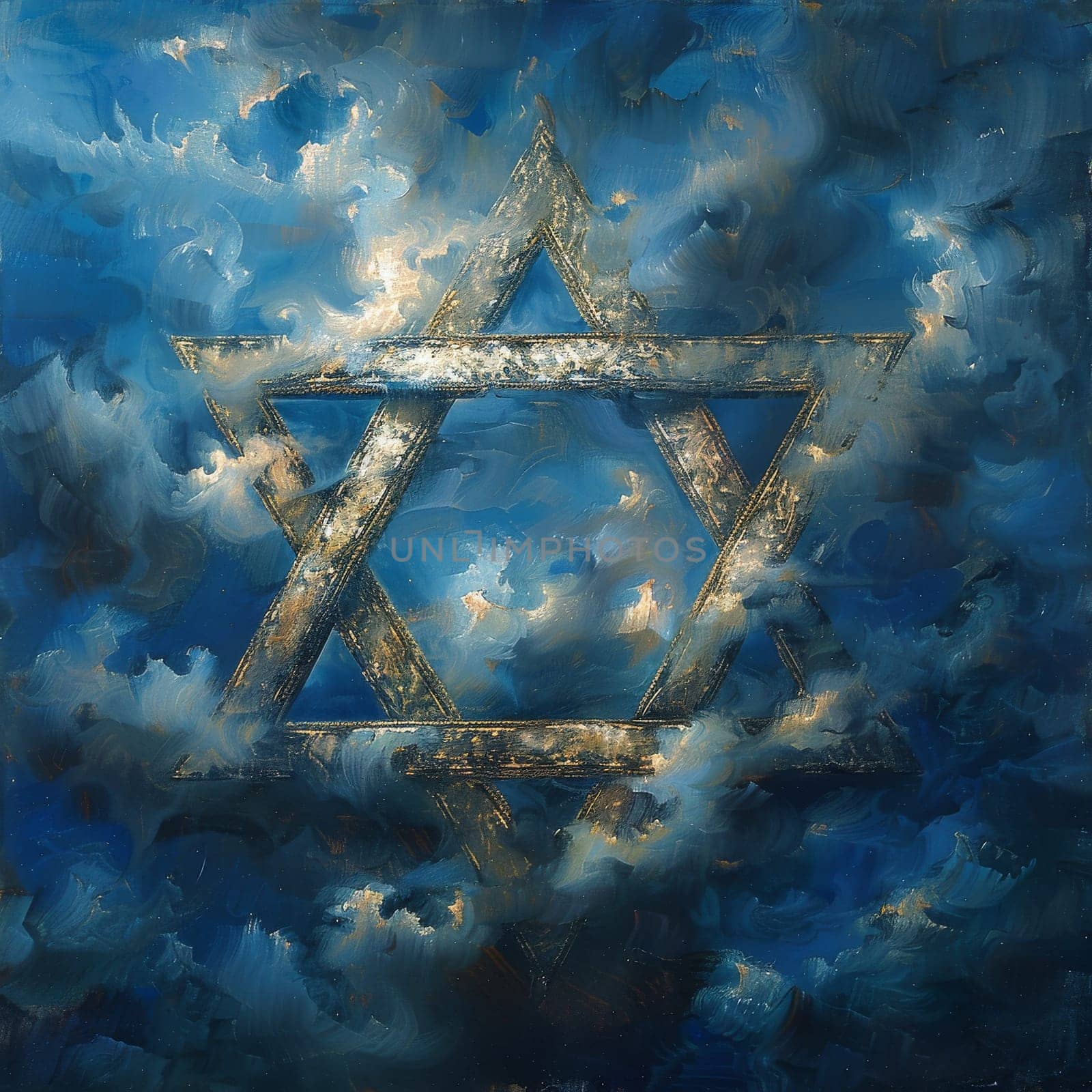 A painting of a star of david with clouds in the background. The painting is blue and gold