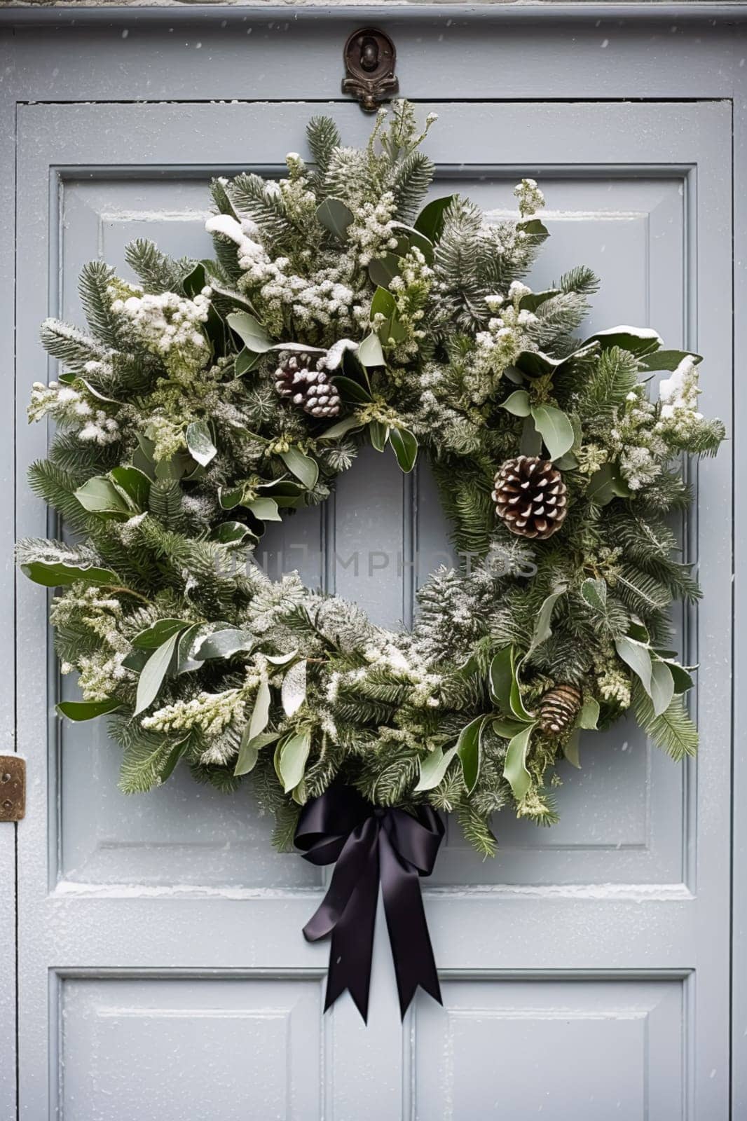 Christmas holiday, country cottage and snowing winter, wreath decoration on a door, Merry Christmas and Happy Holidays wishes, generative ai by Anneleven