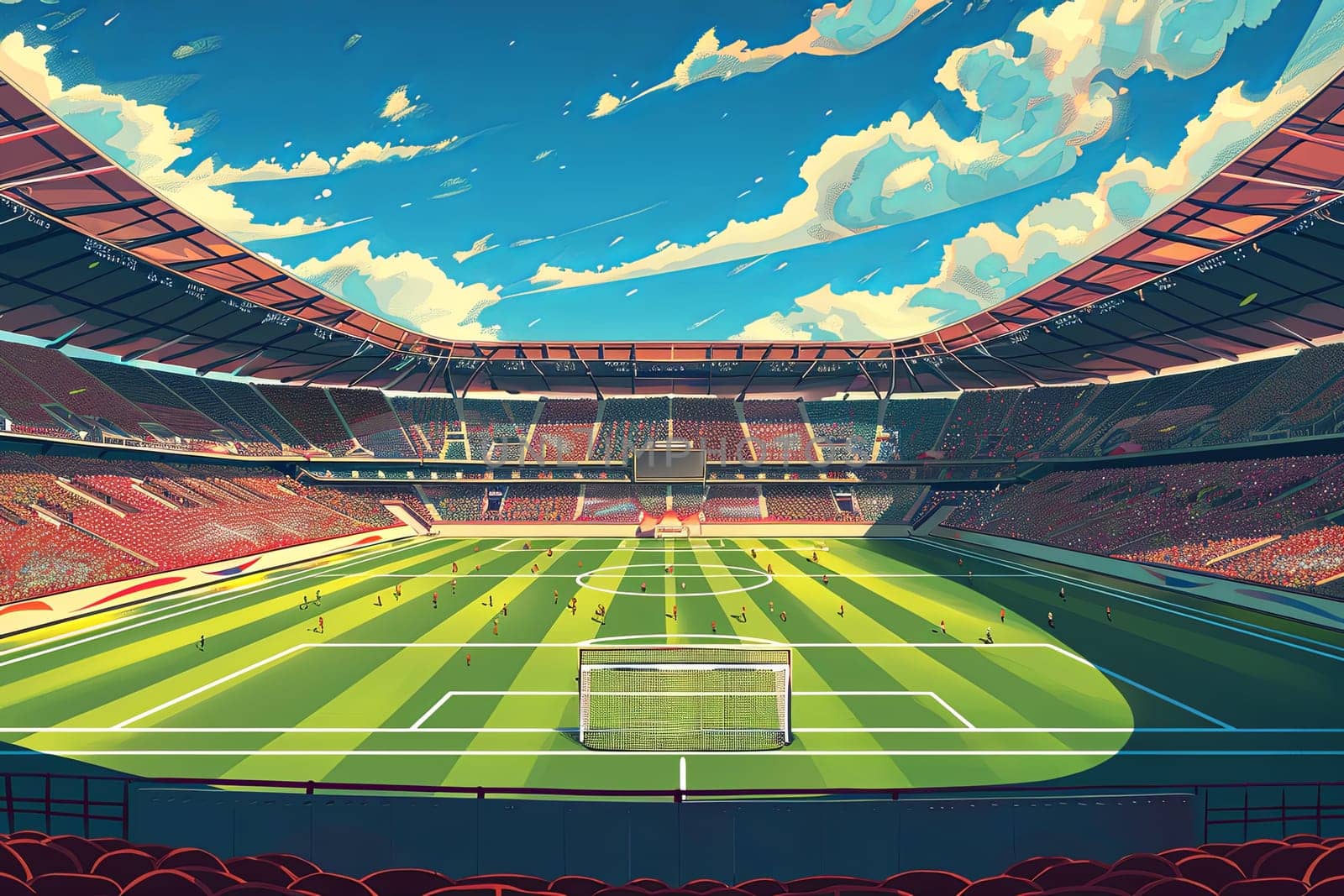 A detailed painting capturing the energy of a soccer match on a field within a stadium, with fans cheering from the stands.