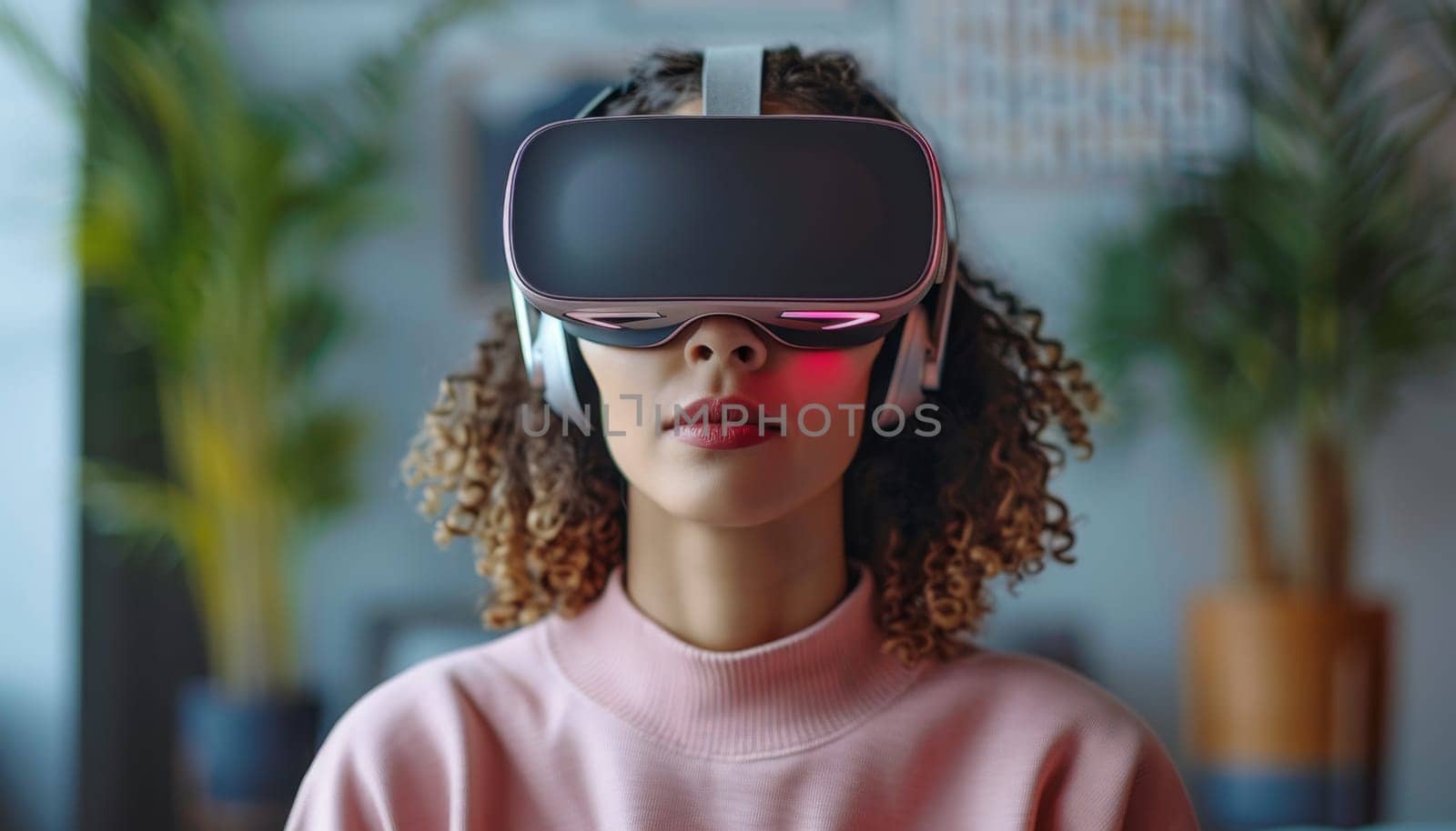 A woman wearing a pink shirt and a pair of virtual reality goggles by AI generated image.