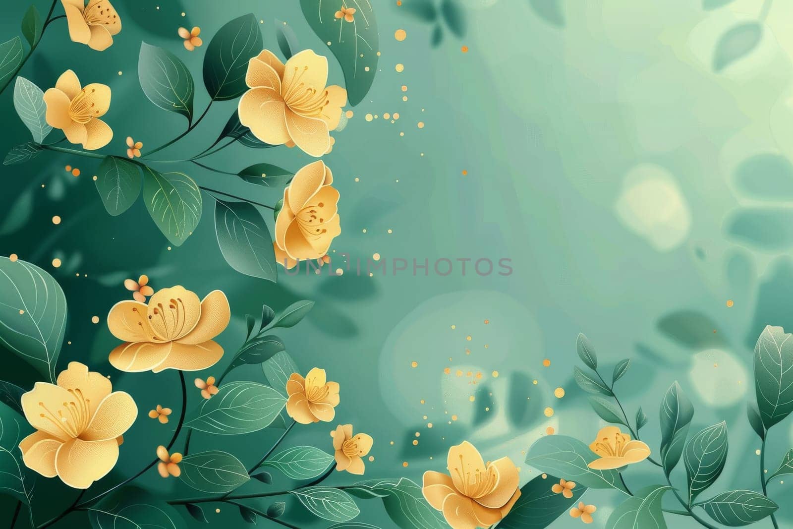 A gold and green flower with leaves is on a green background.