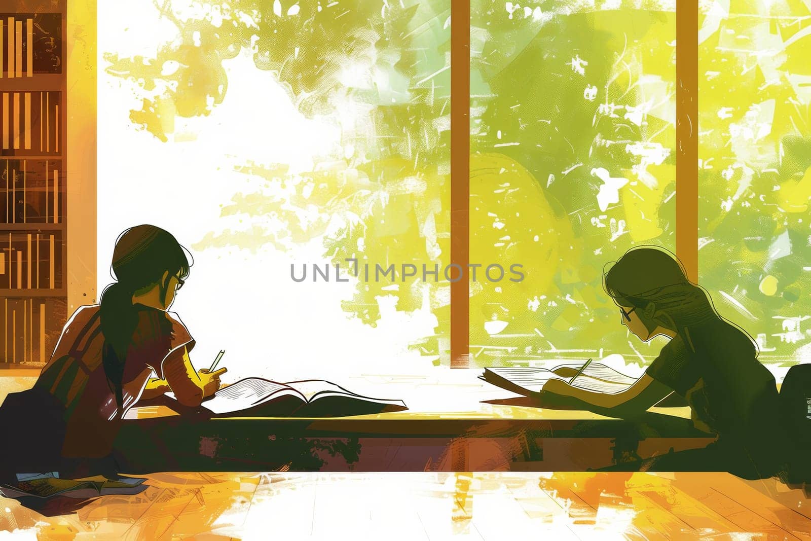 Two individuals engrossed in books while seated at a table, focusing on reading and learning together. Generative AI by AnatoliiFoto